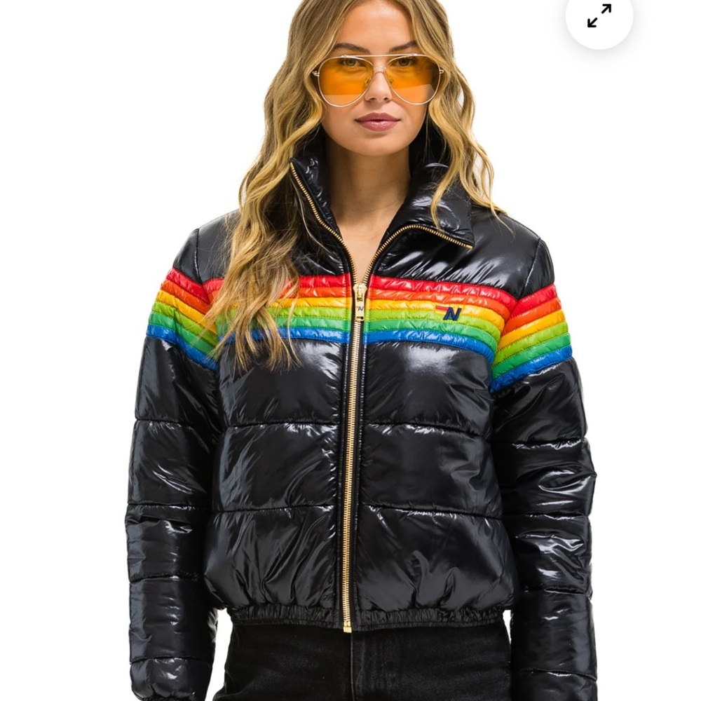 AVIATOR NATION - 6 STRIPE LUXE APRES PUFFER JACKET - GLOSSY BLACK
